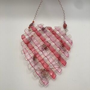 Fused Glass Heart Wall Hanging Red/Pink Beaded with‎ Copper Wire